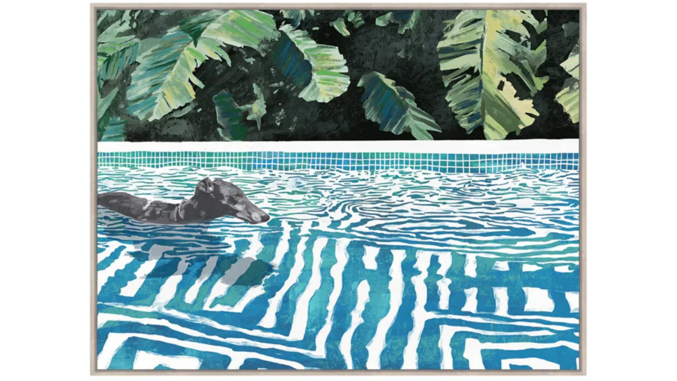 An artwork of a dog swimming.