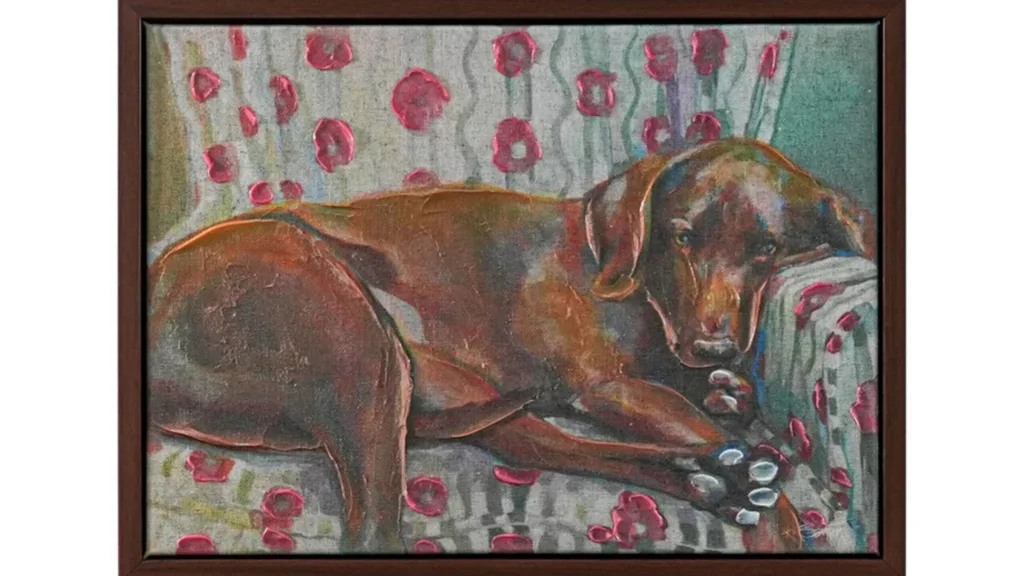 A painting of a dog sitting on an armchair.