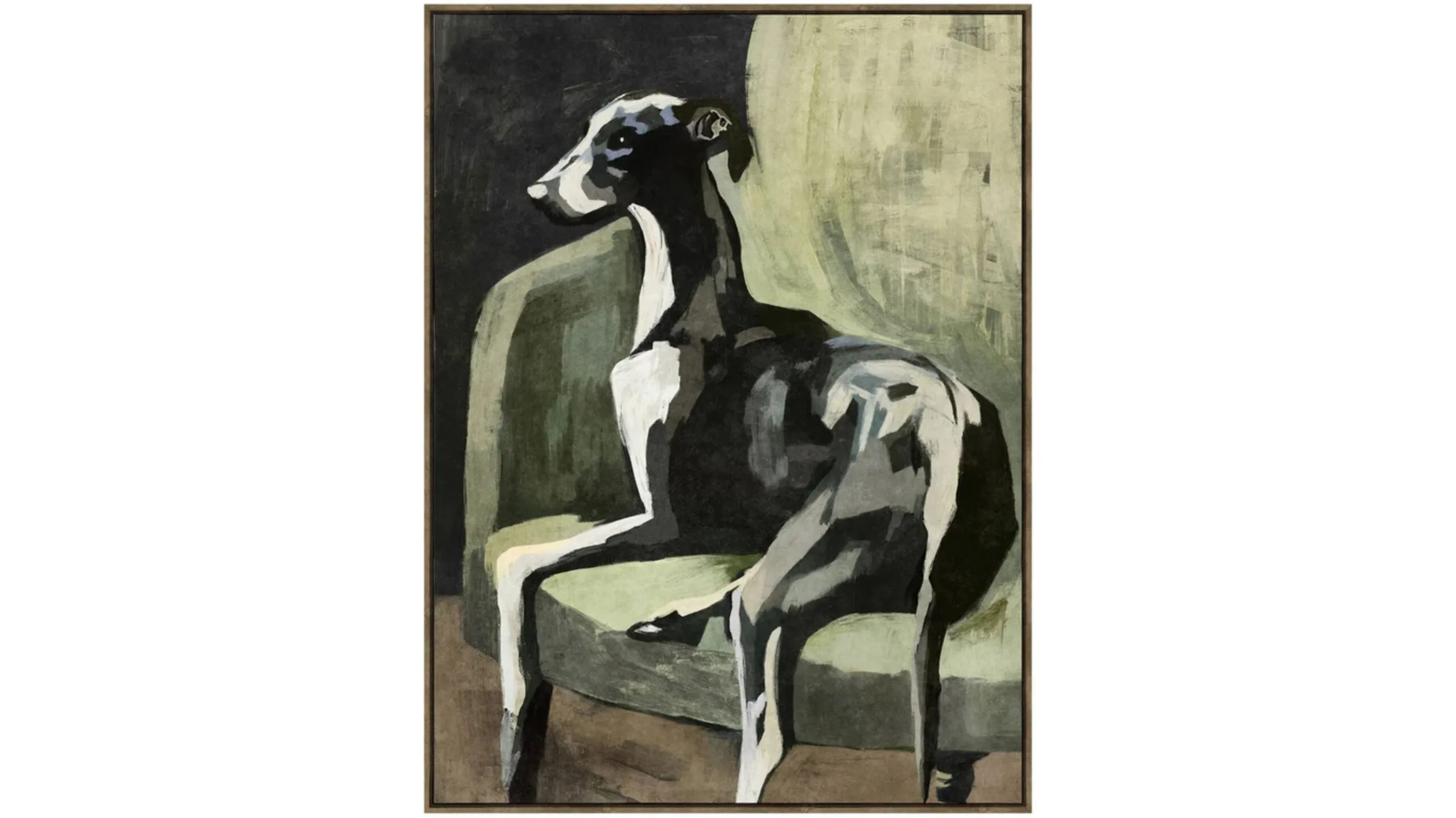 A painting of a dog sitting on a green armchair.