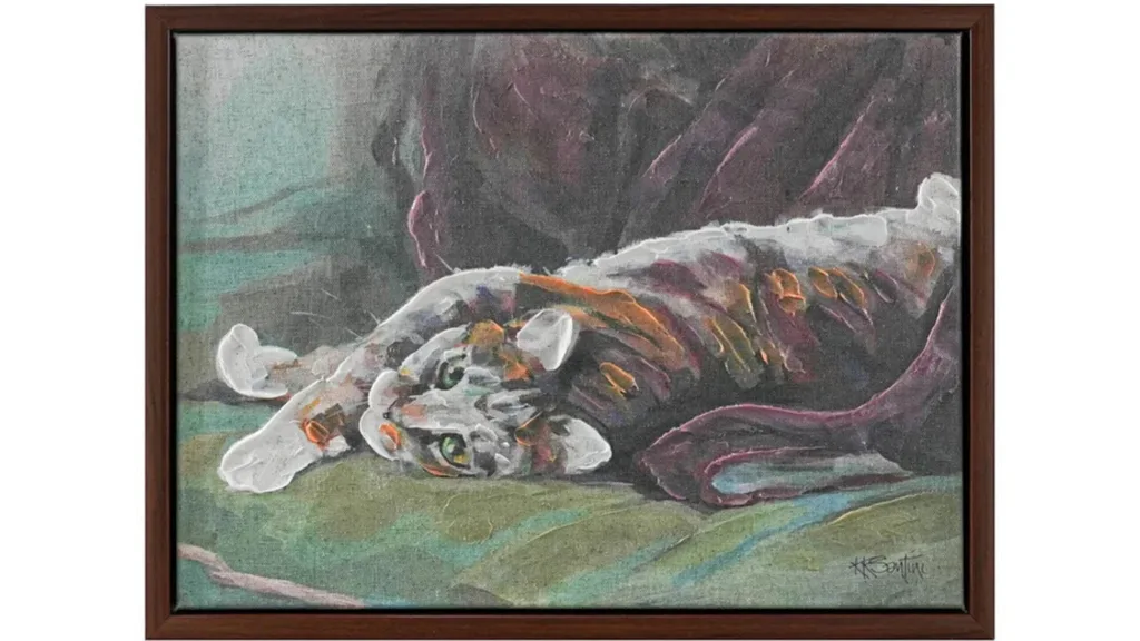 A painting of a cat lying on a green couch with a purple blanket.
