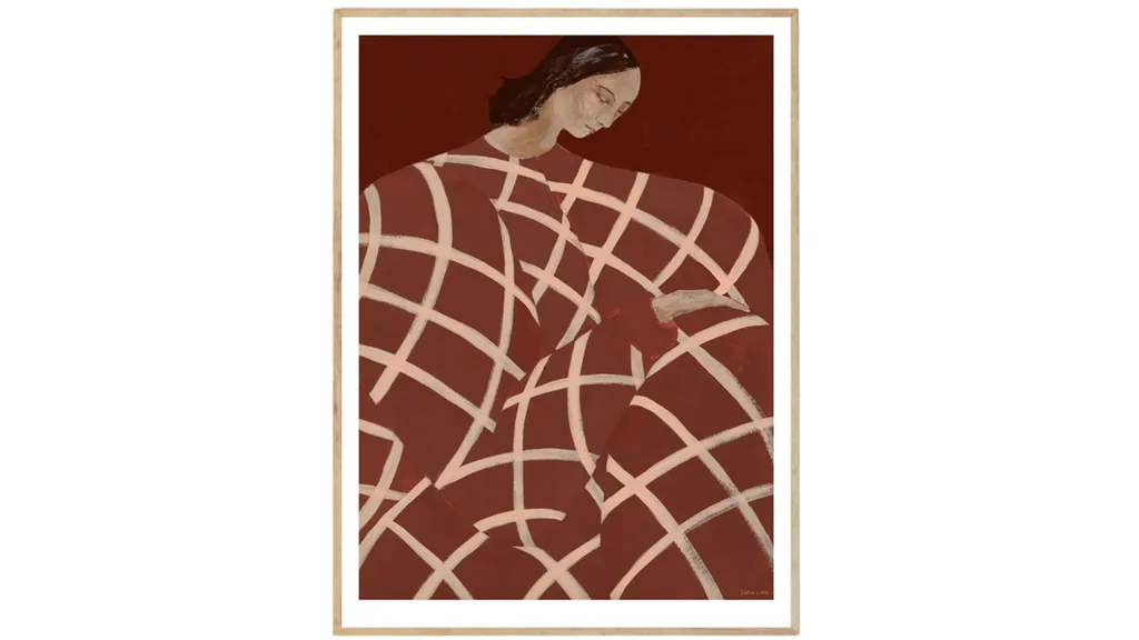 A portrait of a woman. Her dress is a deep red with peach toned stripes over it. The background is a darker red than the dress.