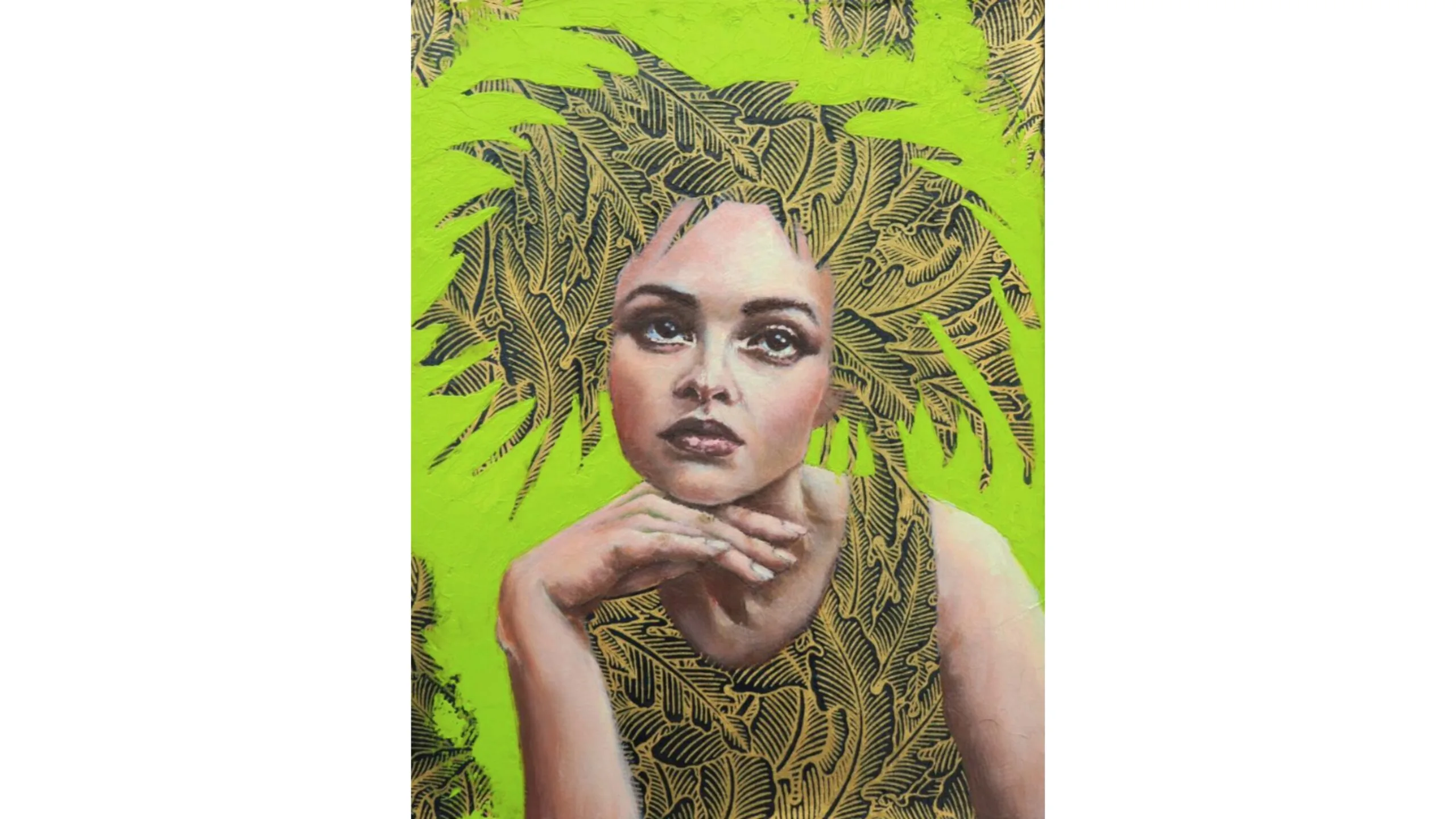 A portrait of a woman. A leaf pattern features on her hair and dress and the background is bright green.