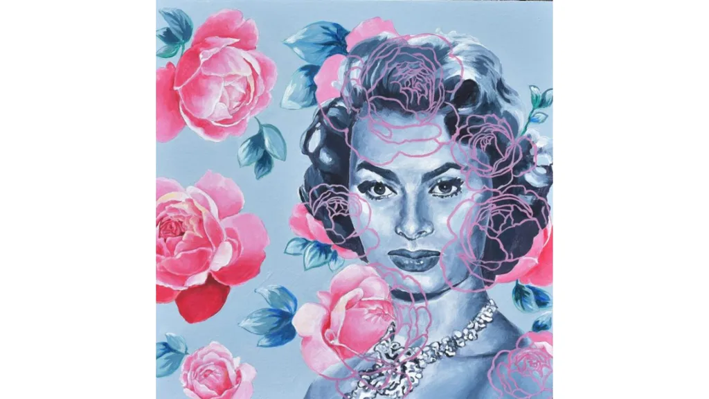 A portrait of Sofia Loren with flowers over the top, in blue and pink tones.
