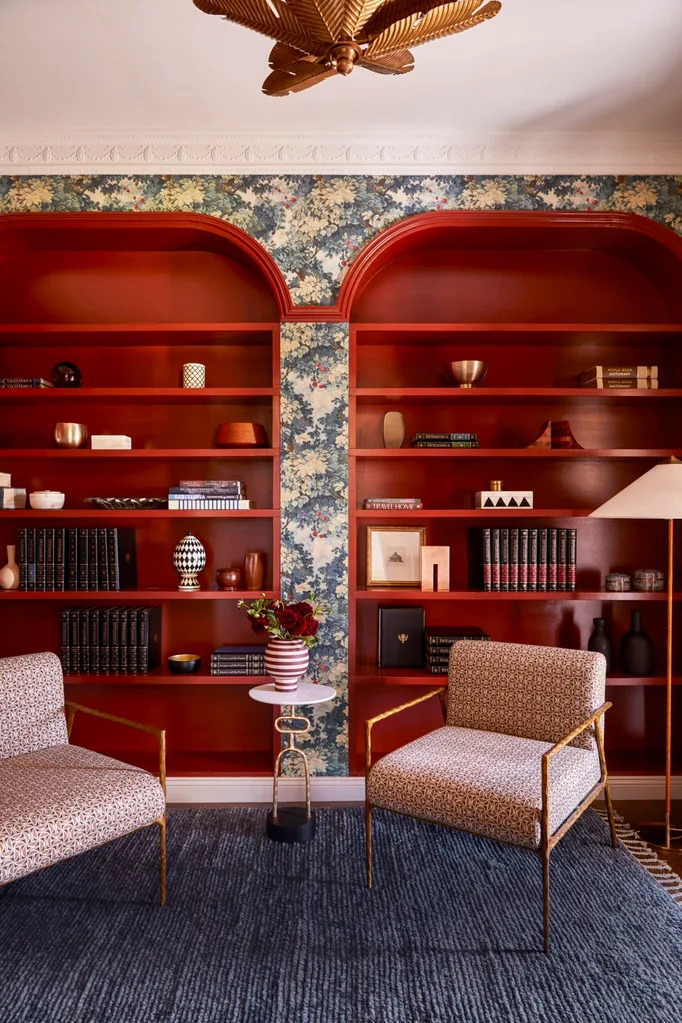 Balzan Coldstream library red arched bookshelves floral wallpaper