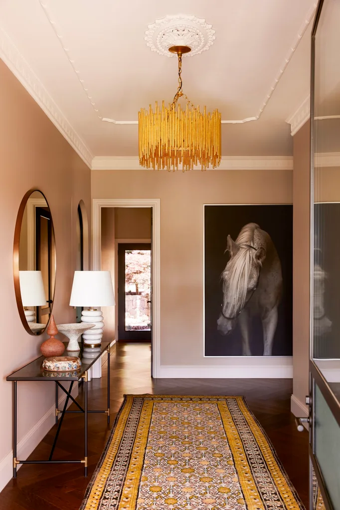Balzan Coldstream hallway yellow pendant light and yellow hallway rug