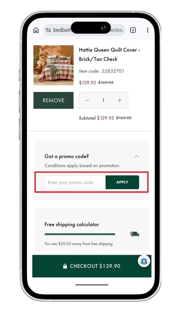 The Bed Bath N' Table discount code field highlighted at the checkout on a mobile phone.
