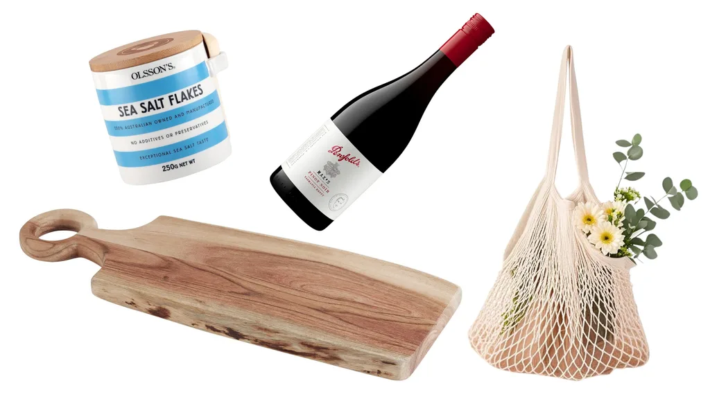 A collage with a wooden serving tray, mesh bag, bottle of red wine and a blue and white striped jar of sea salt flakes.