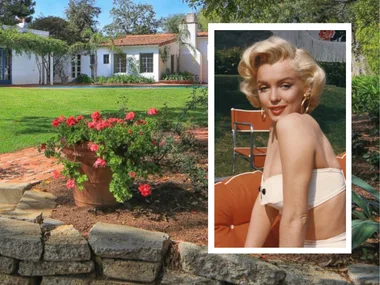 Marilyn Monroe in front of her Spanish-style LA home.
