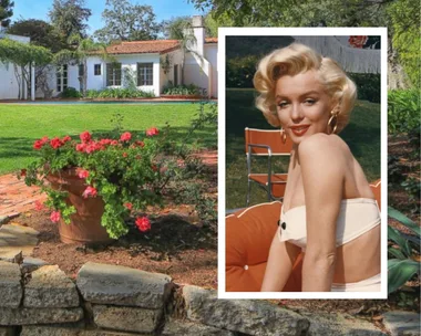 Marilyn Monroe in front of her Spanish-style LA home.
