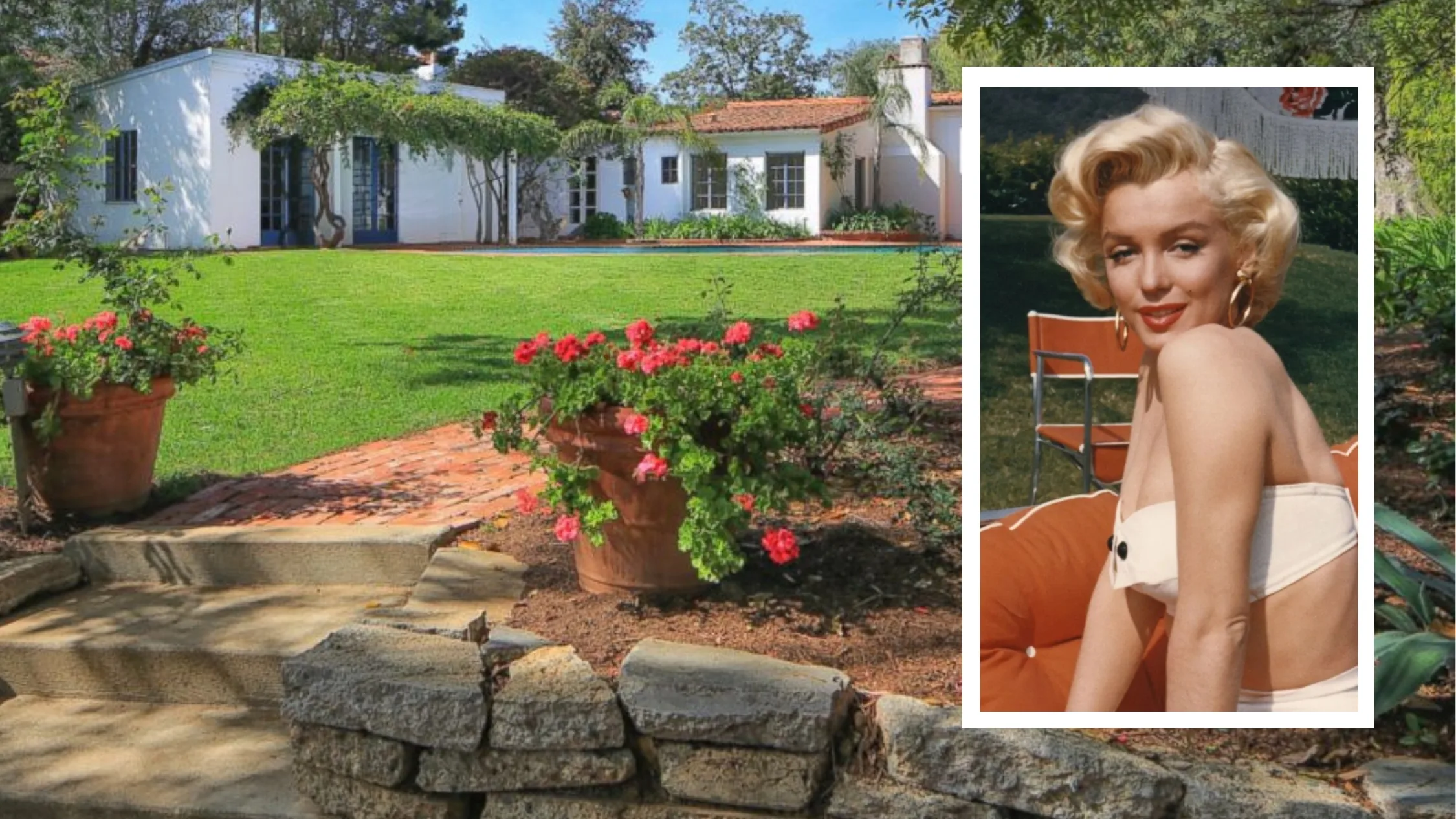 Marilyn Monroe in front of her Spanish-style LA home.