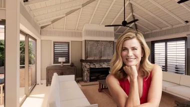 Deborah Hutton in red dress superimposed over a render of her home living room