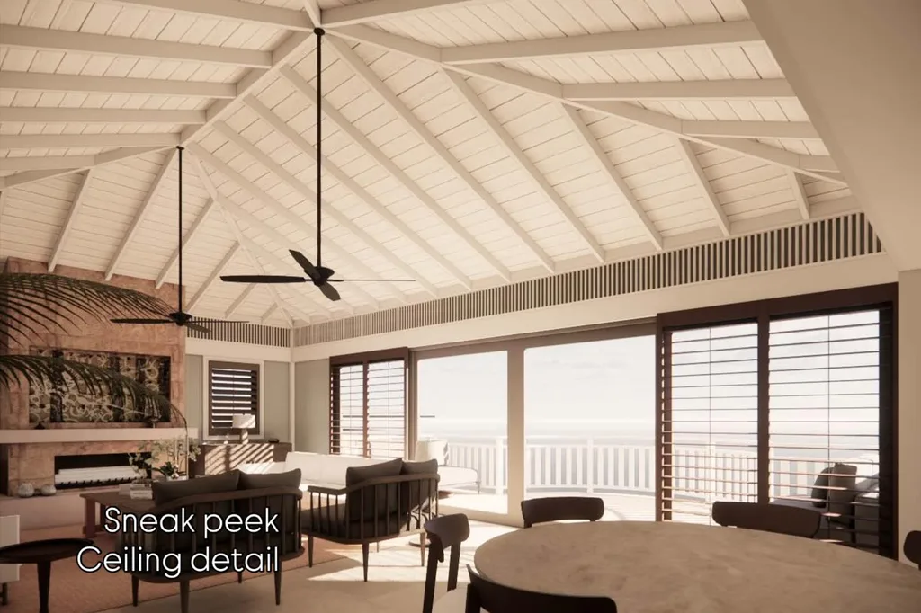 A render of Deborah Hutton's south coast living and dining area with a view of the ocean
