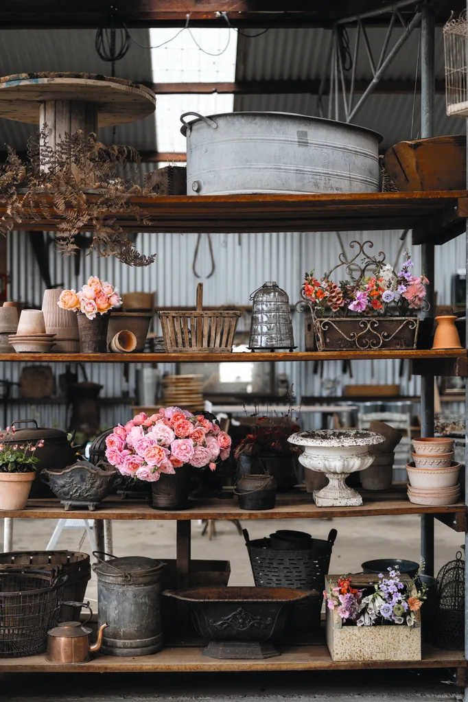 Open shelves with rustic containers, pots filled with colorful flowers, and vintage garden tools in a shed that has been converted into a floristry studio.