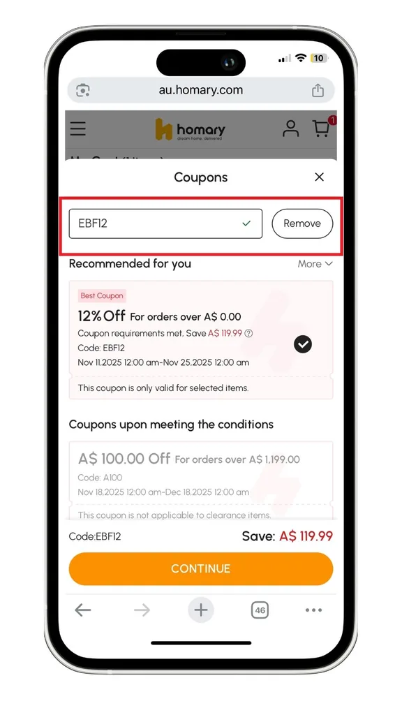 The Homary discount code field at checkout.