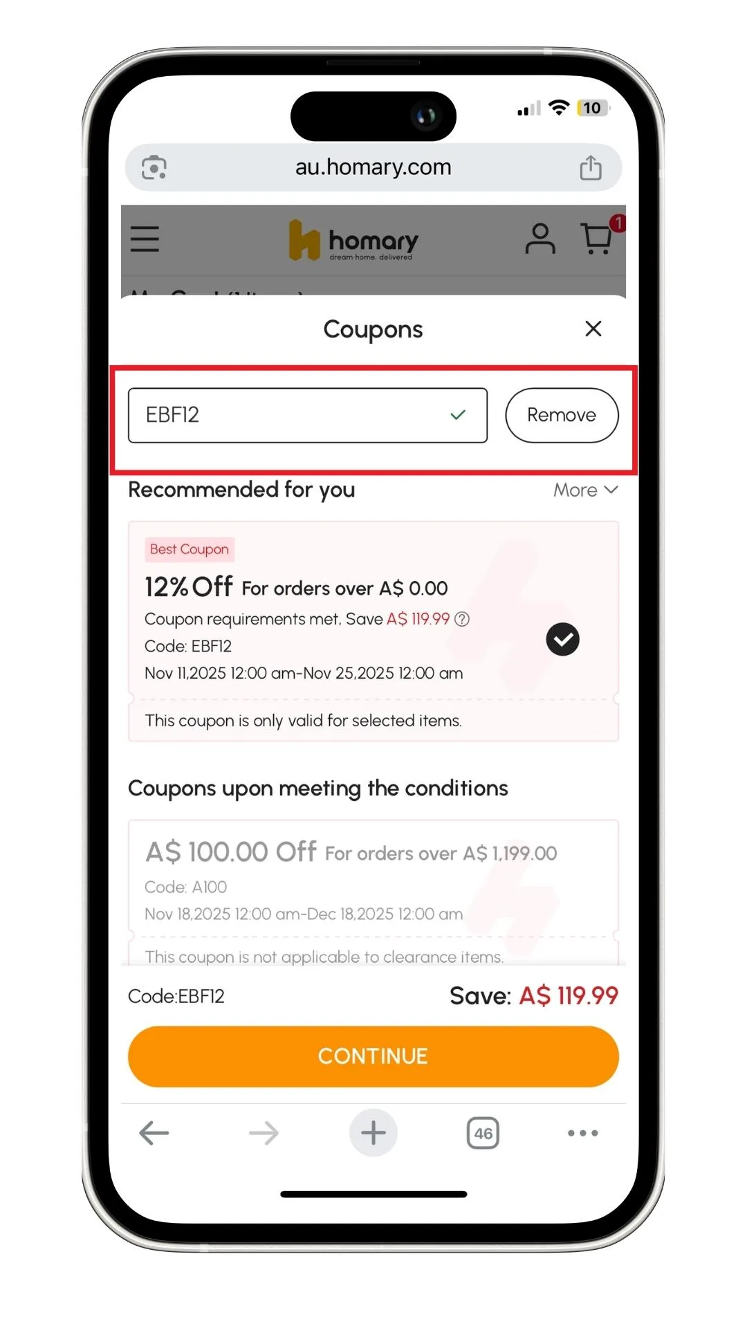 The Homary discount code field at checkout.
