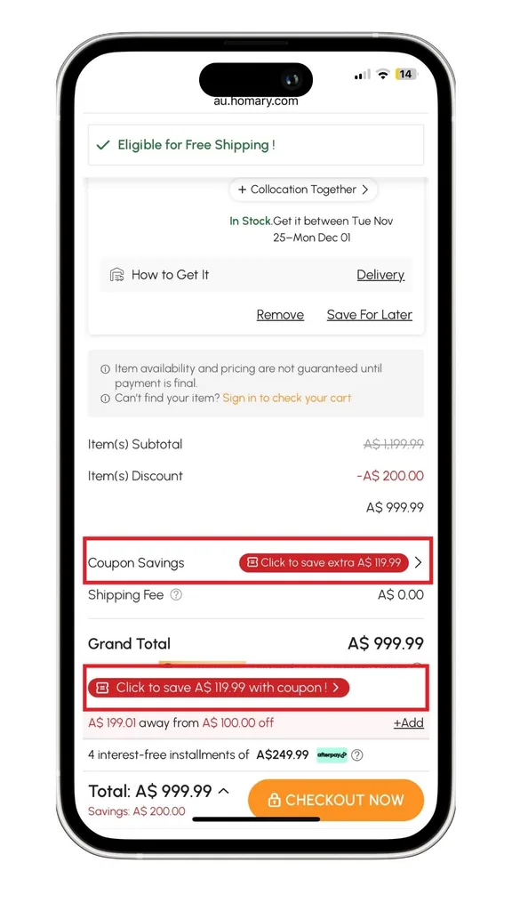 The Homary discount code choices at checkout.