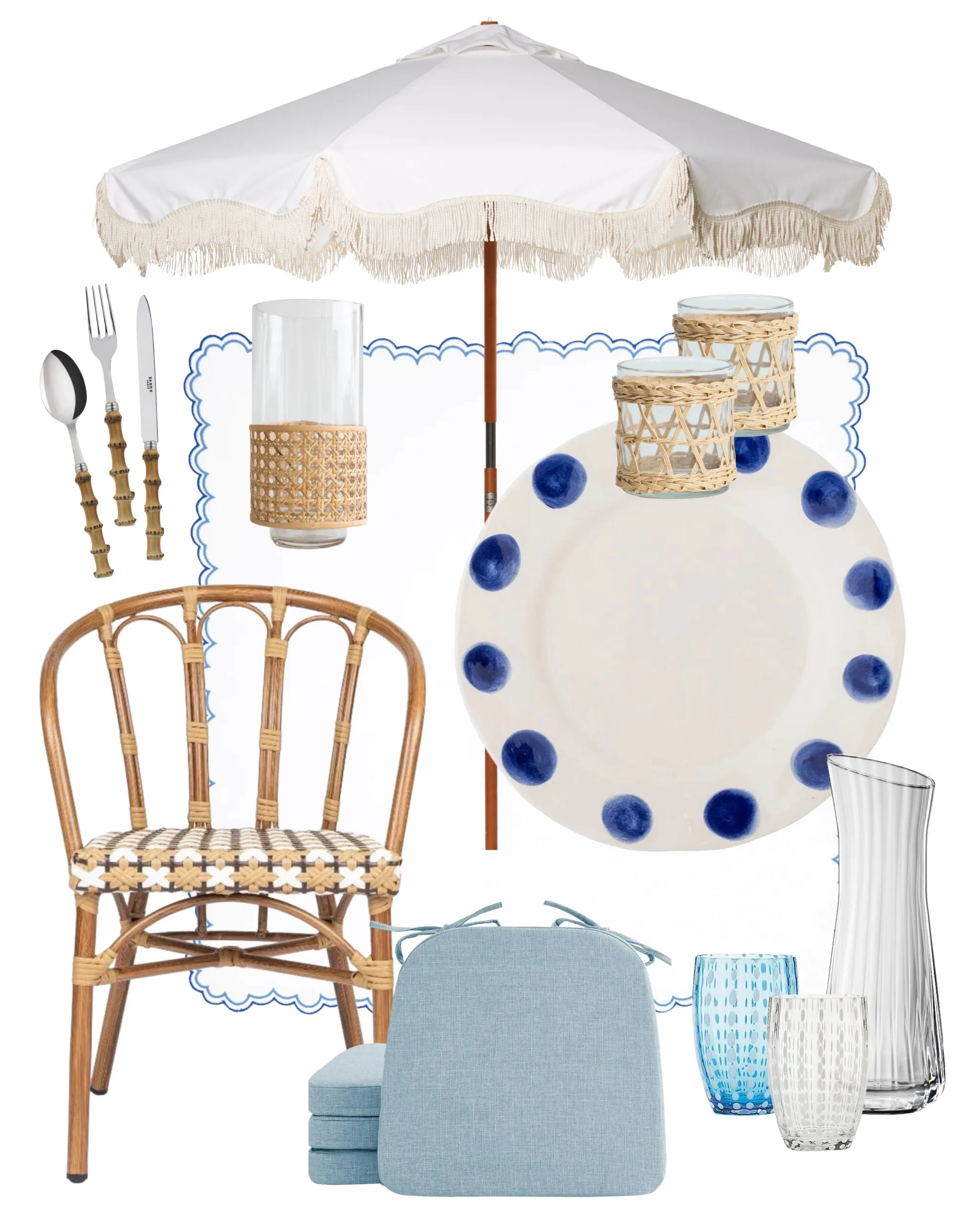 Outdoor dining moodboard with a white umbrella, wicker chair, blue-cushioned seating, blue-dot plate, and glassware.