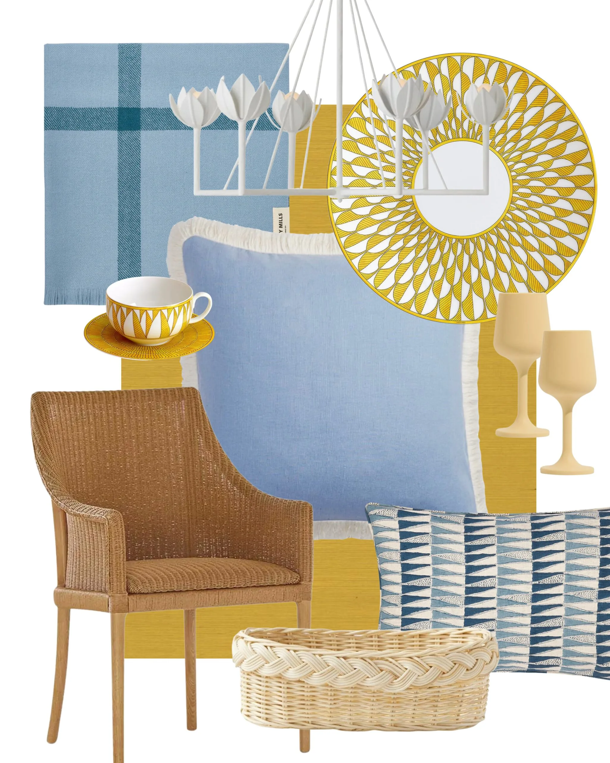 Blue and yellow home decor items including a chair, pillows, a throw, a cup, a chandelier, and a basket.