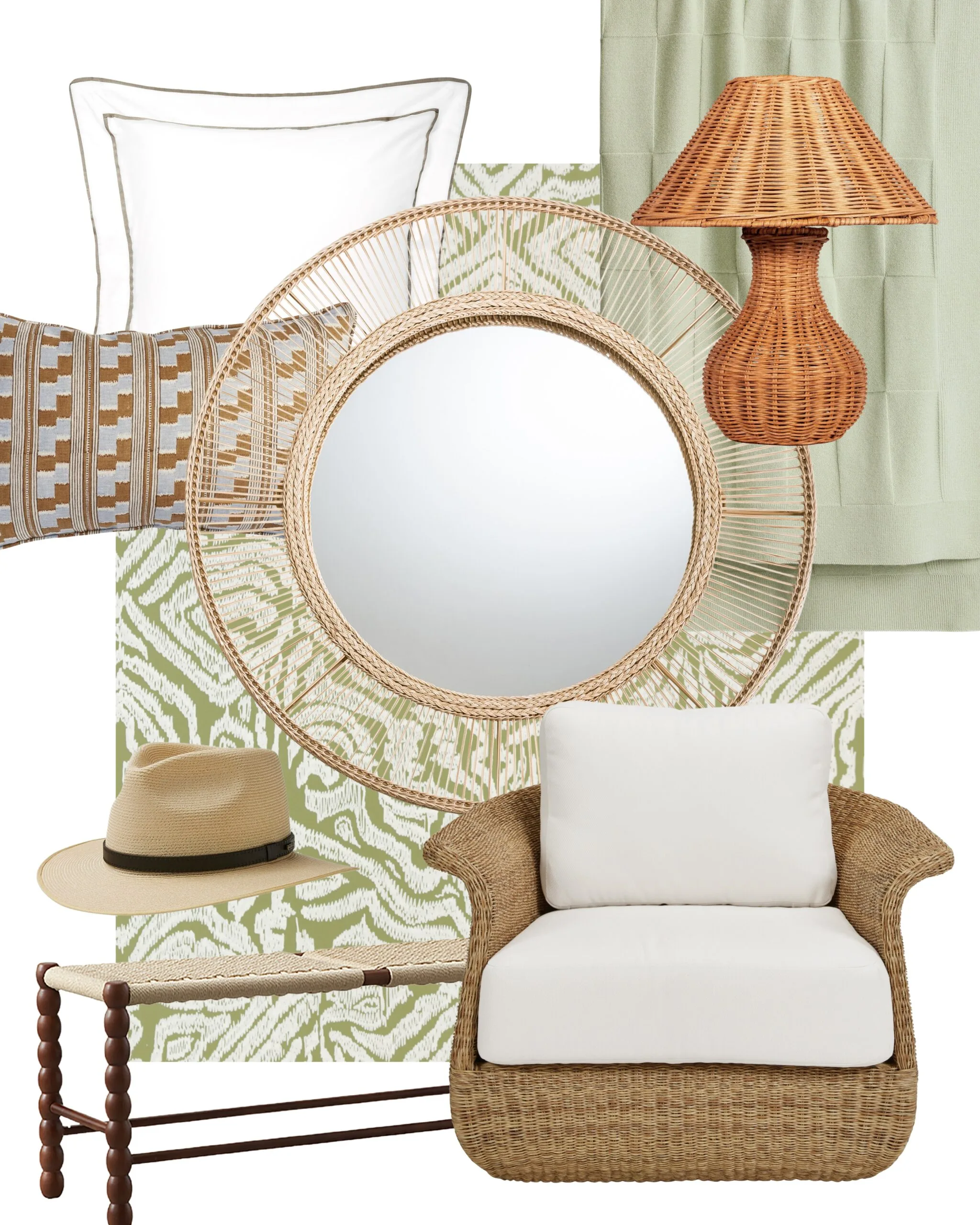 Moodboard Collage of wicker chair, mirror, lamp, pillows, blanket, bench, and hat in neutral tones with green patterned background.