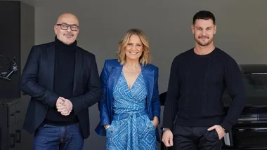 The Block judges Neale Whitaker, Shaynna Blaze, and Darren Palmer posing for a group photograph