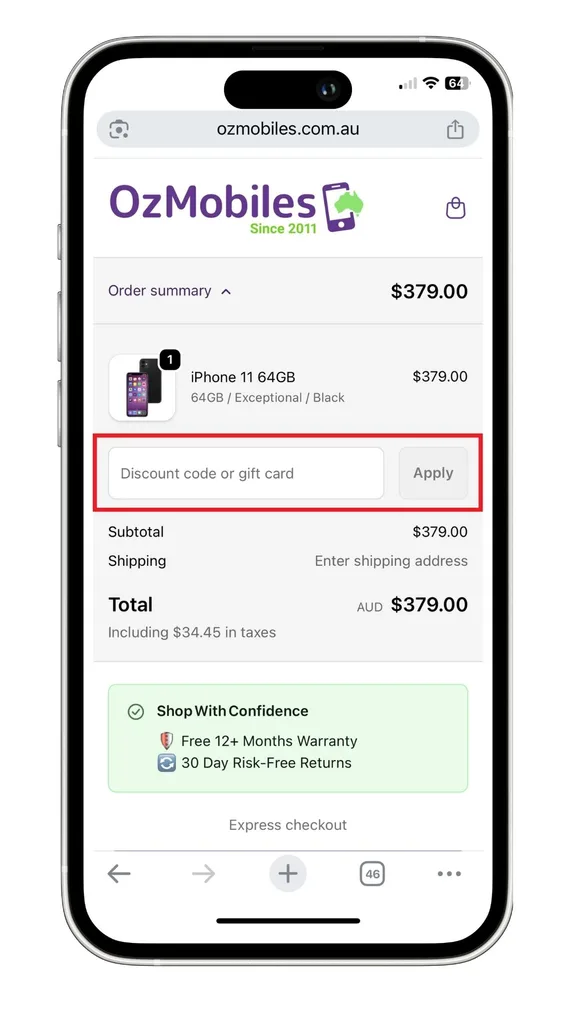A screenshot of OzMobiles discount code field located at the checkout on a mobile phone.