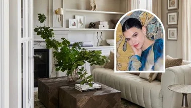 A portrait of interior designer Briellyn Turton inset over a beige coloured living room that doesn't need to be painted before selling