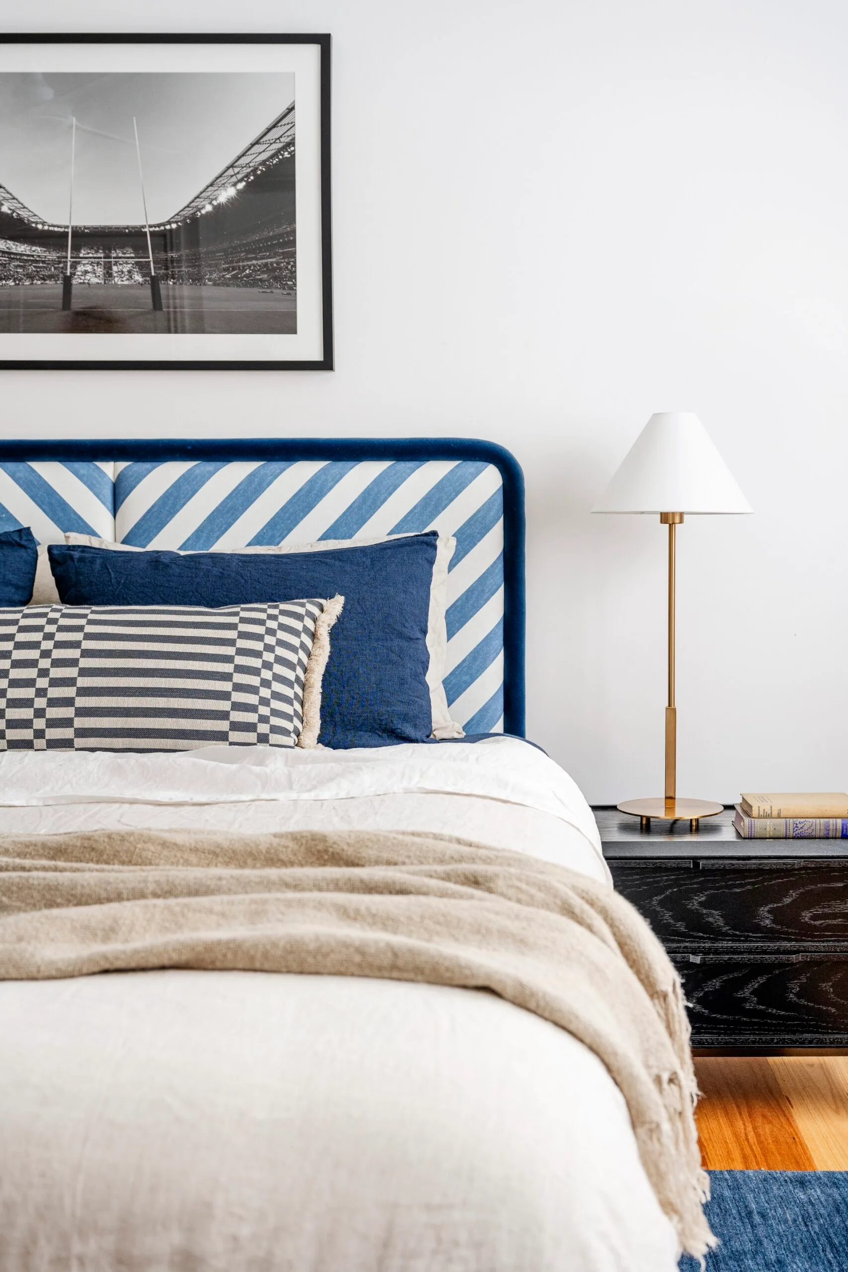 Clear Mountain home bedroom blue headboard stripes