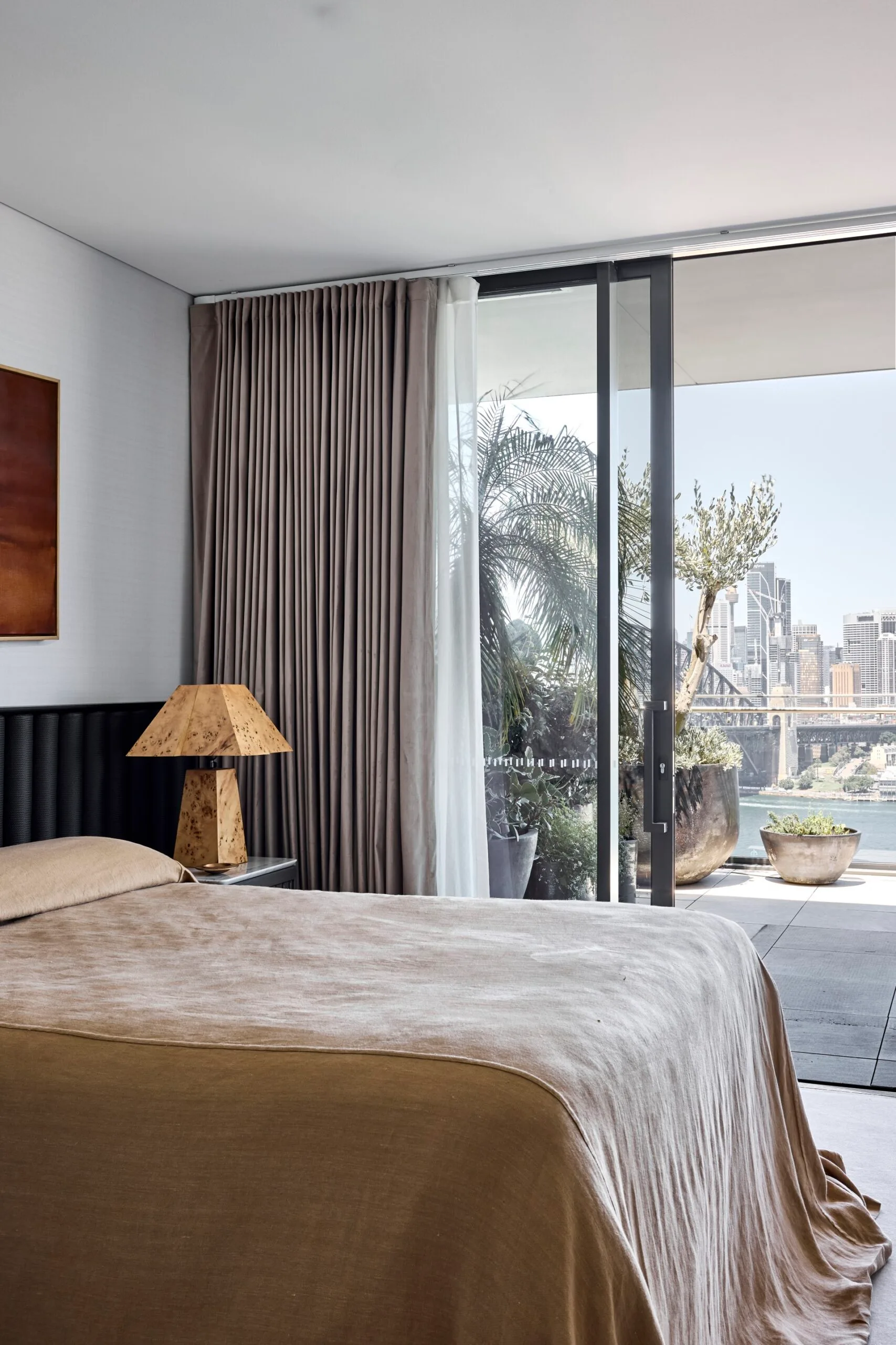 Lisa Santamaria interior design renovation on Lavender Bay apartment owned by Dianne master bedroom harbour views