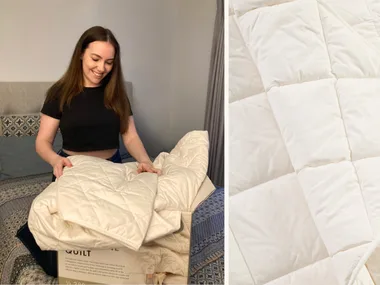 Two images, split by a white stripe near the middle. On the left a woman with brown hair kneels on a bed, opening a cardboard box and removing the white quilt inside. On the right the doona, also known as a duvet, has been folded over on to itself.