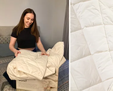 Two images, split by a white stripe near the middle. On the left a woman with brown hair kneels on a bed, opening a cardboard box and removing the white quilt inside. On the right the doona, also known as a duvet, has been folded over on to itself.
