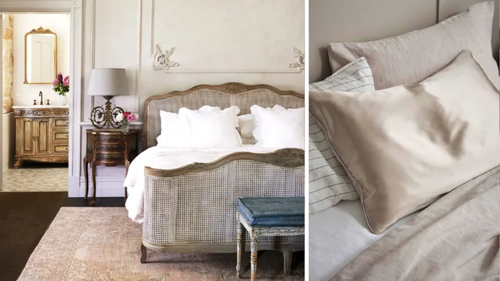A collage of two images; on the left, a neutral toned bedroom with an elevated farmhouse aesthetic, on the left, a flatlay with a silk eye mask and a brass tray on white sheets