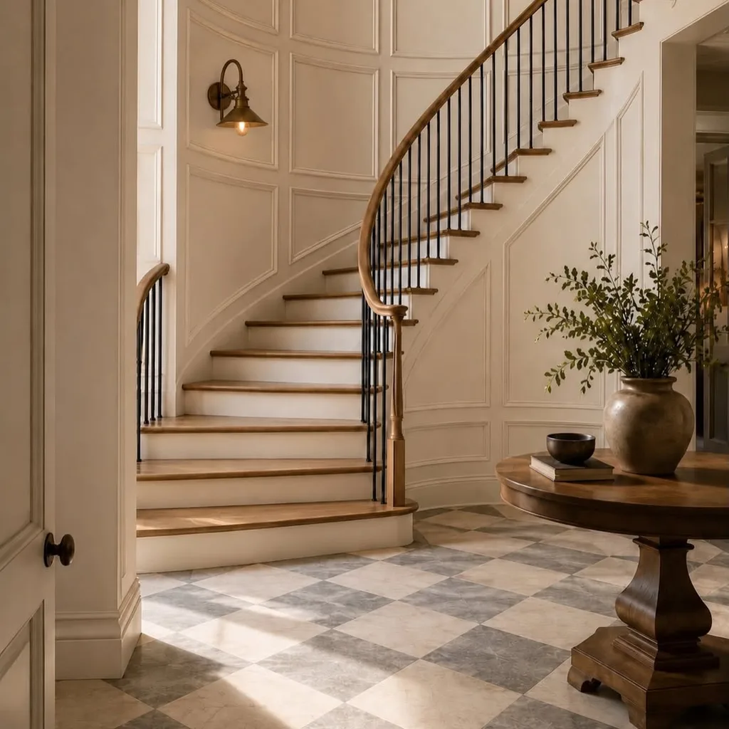 Renderings of Rachel and Ryan's new home renovation show the spiral staircase and check floors
