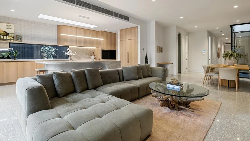 James Pattinson and wife Kayla's Black Rock home living area lounge room kitchen dining