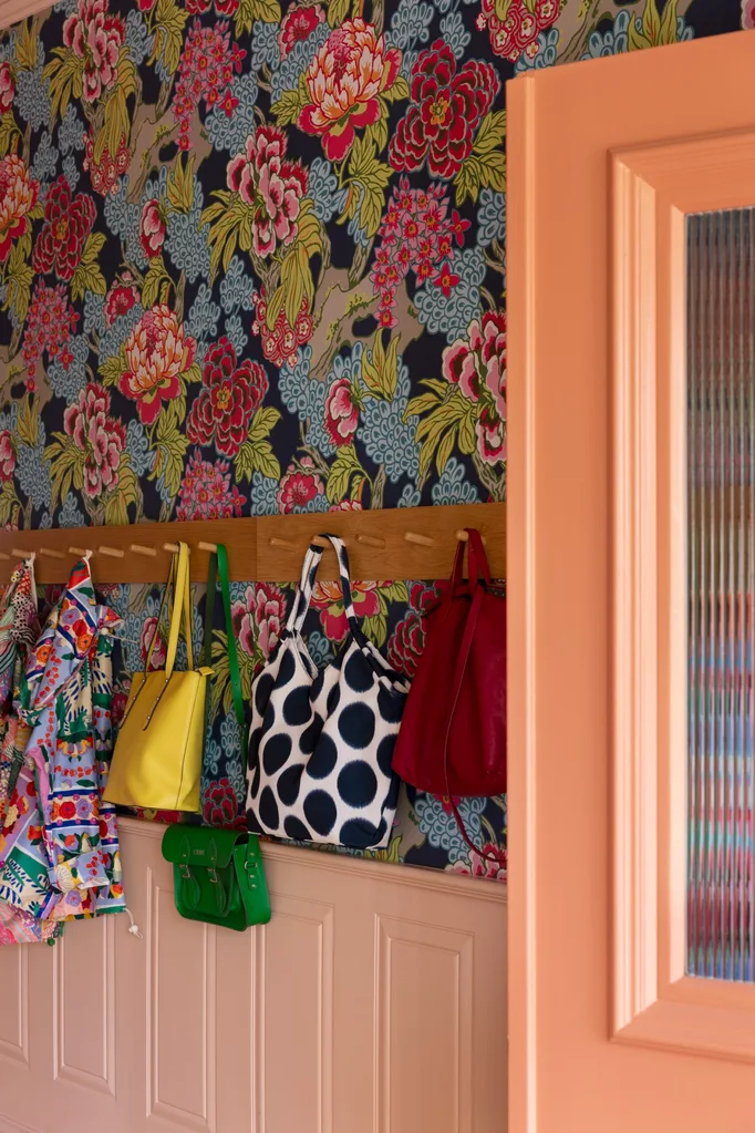 Yarra Valley home interior designer Carolyn Burns-McCrave colourful wallpaper entry bag hooks