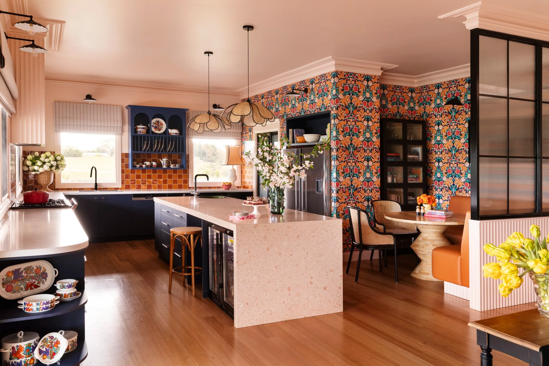 Yarra Valley home interior designer Carolyn Burns-McCrave kitchen wallpaper colourful blue