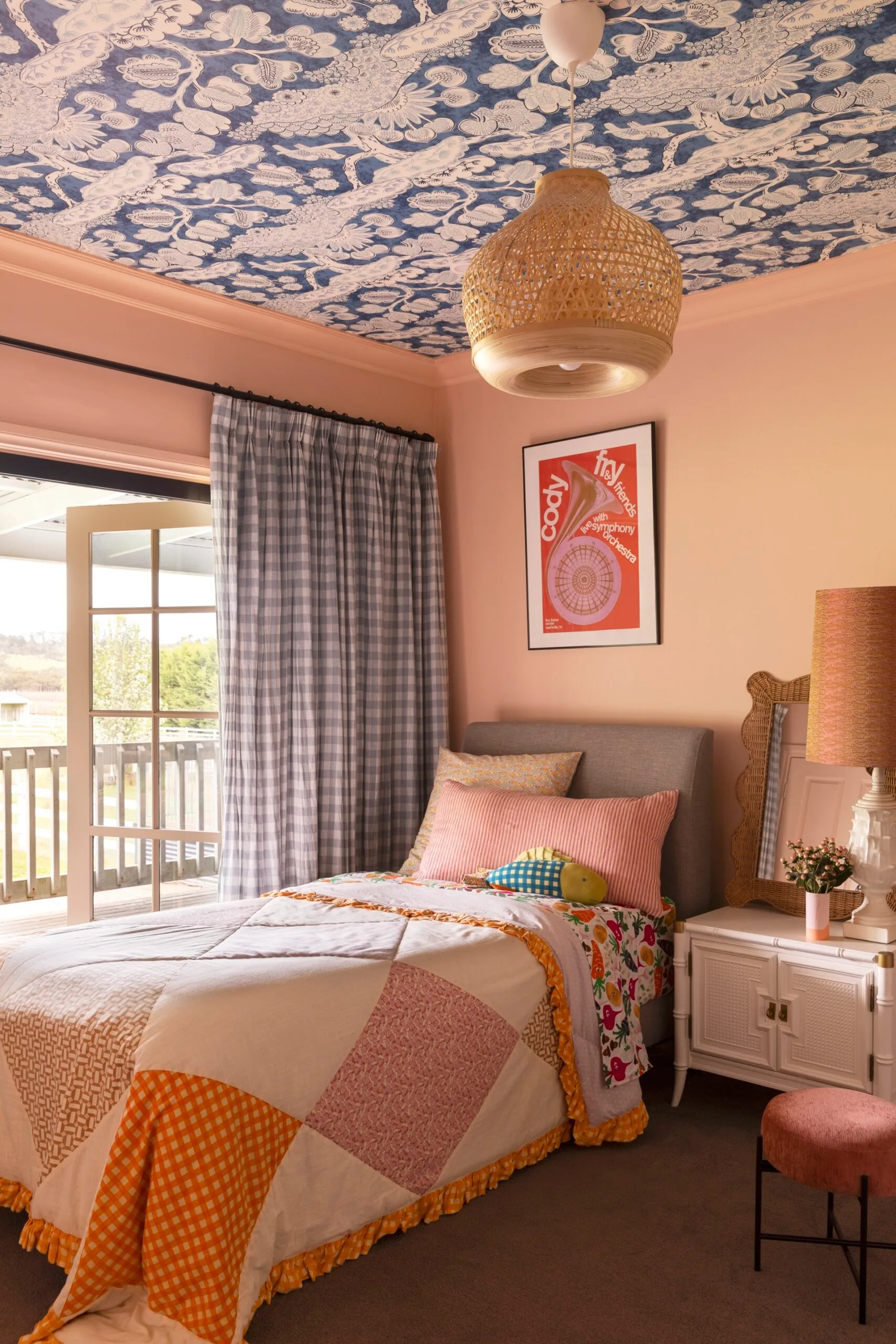 Yarra Valley home interior designer Carolyn Burns-McCrave bedroom ceiling wallpeper