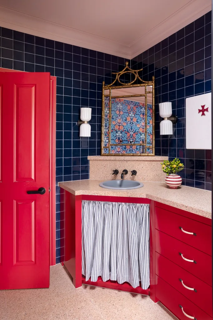 Yarra Valley home interior designer Carolyn Burns-McCrave red bathroom vanity blue tiles sink skirt