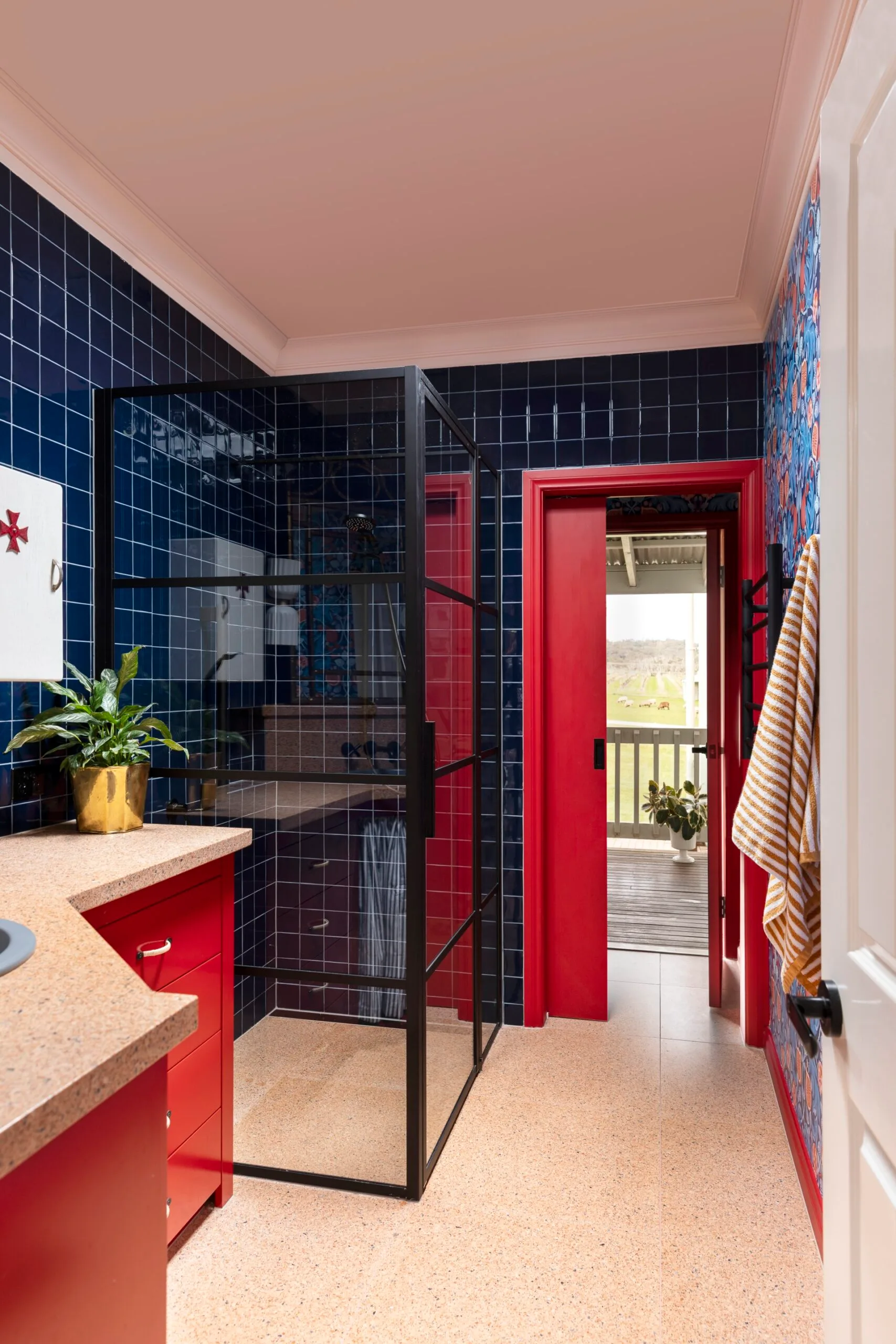 Yarra Valley home interior designer Carolyn Burns-McCrave blue and red bathroom