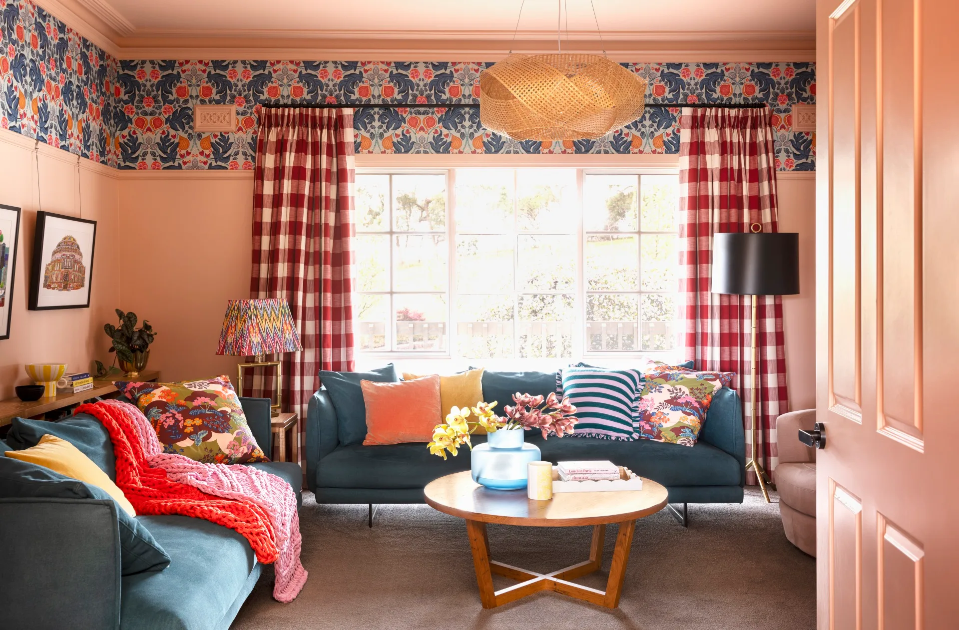 Yarra Valley home interior designer Carolyn Burns-McCrave colourful living room wallpaper curtains