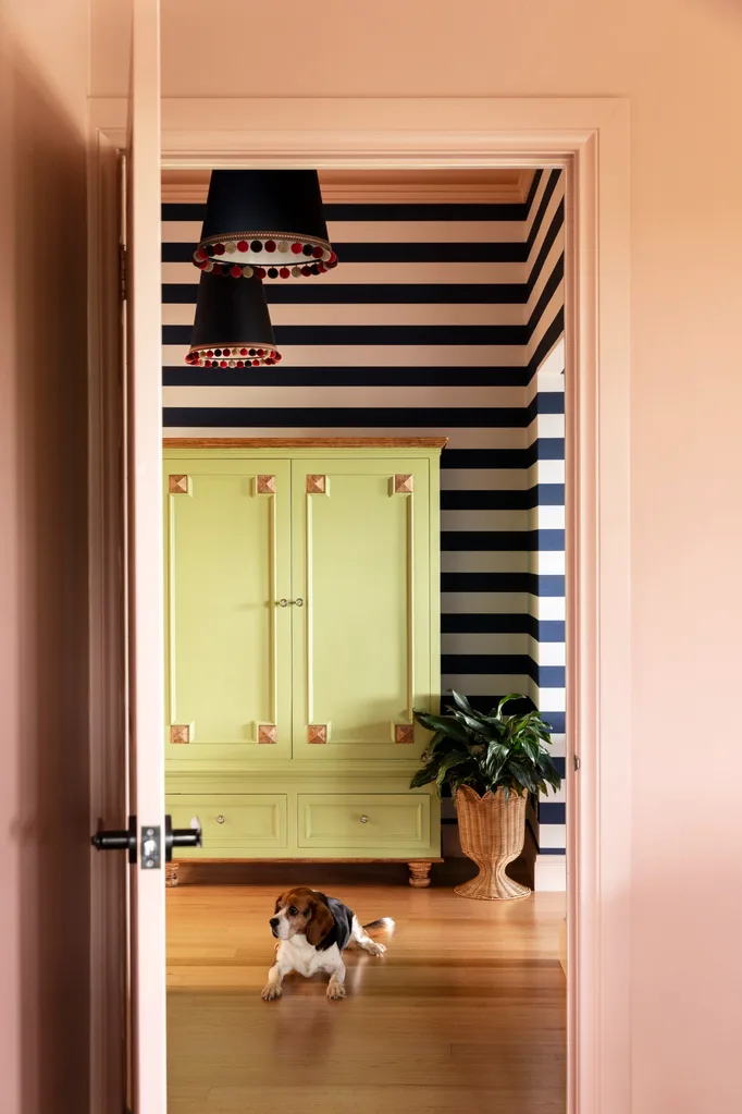Yarra Valley home interior designer Carolyn Burns-McCrave striped black and white wallpaper green wardrobe