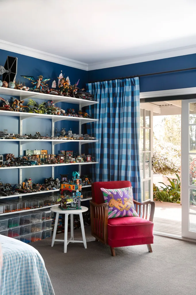 Yarra Valley home interior designer Carolyn Burns-McCrave blue room red occasional chair colourful