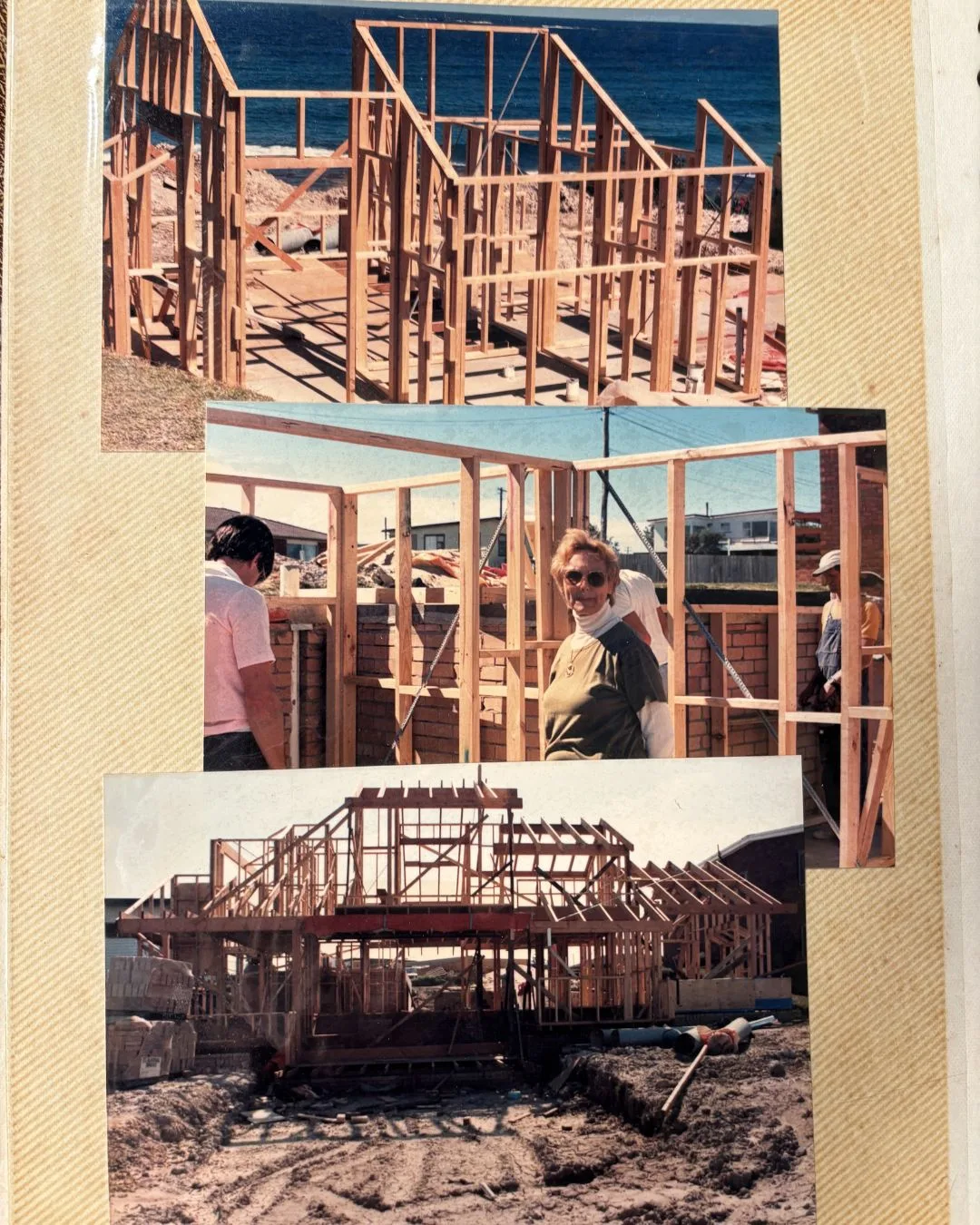 Three old photos from the 1970s of the timber framework for a house by the ocean that would eventually become Matty J and Laura's Chante Mer