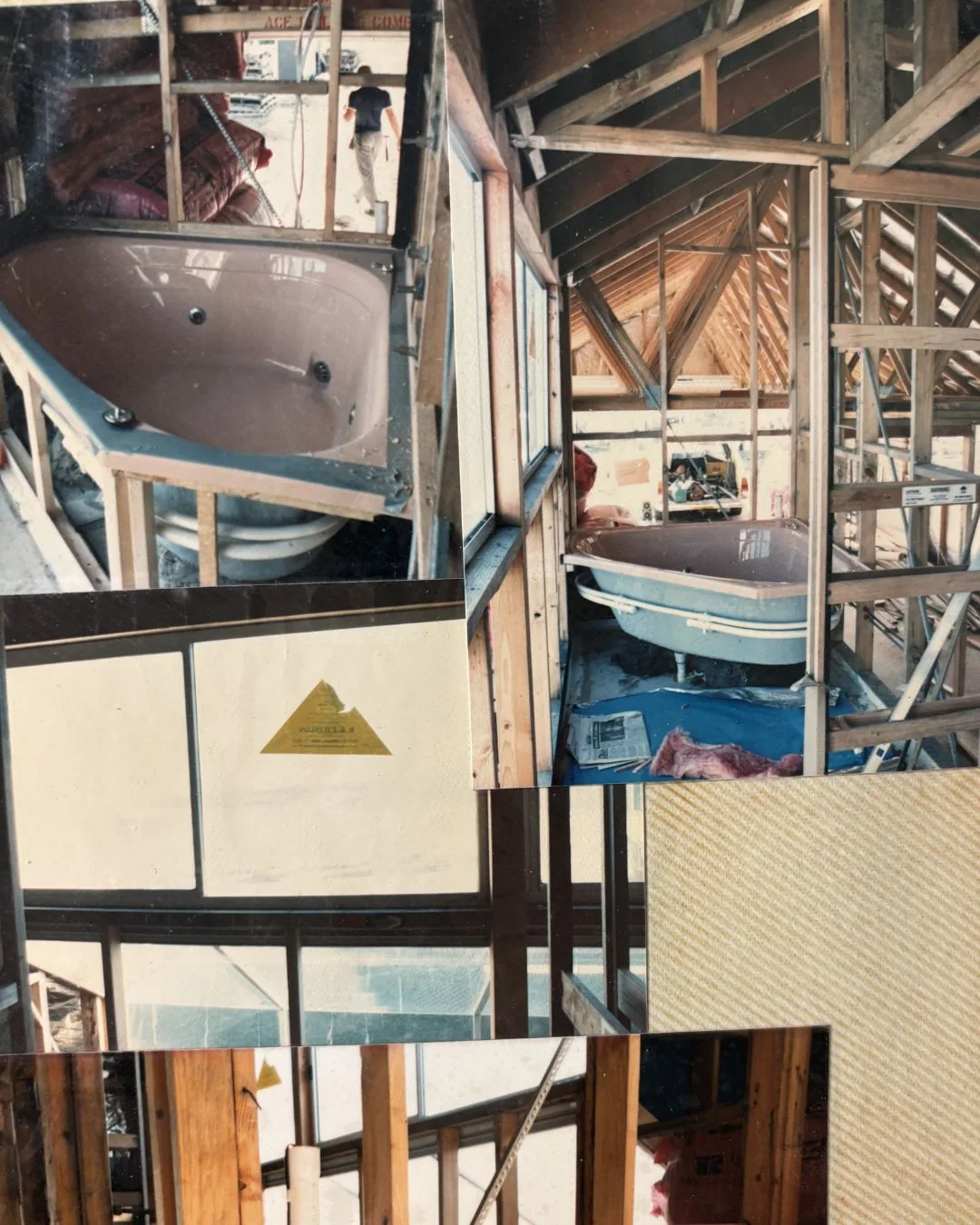 photos in a photo album of the bathroom at Chante Mer being built in the 1970s