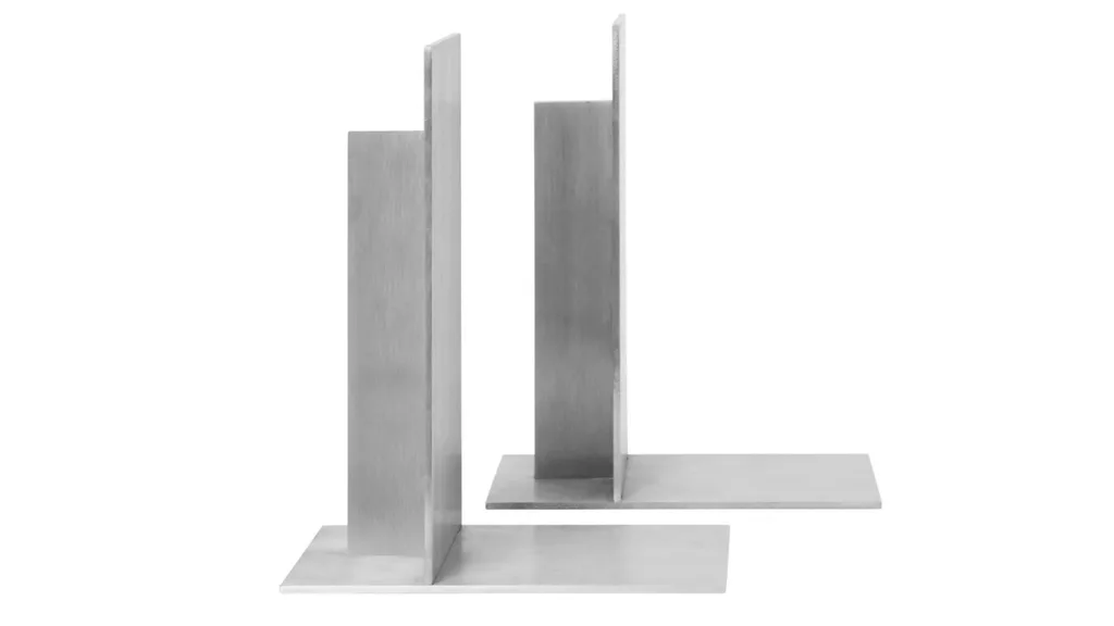 Two silver bookends that are L-shaped.