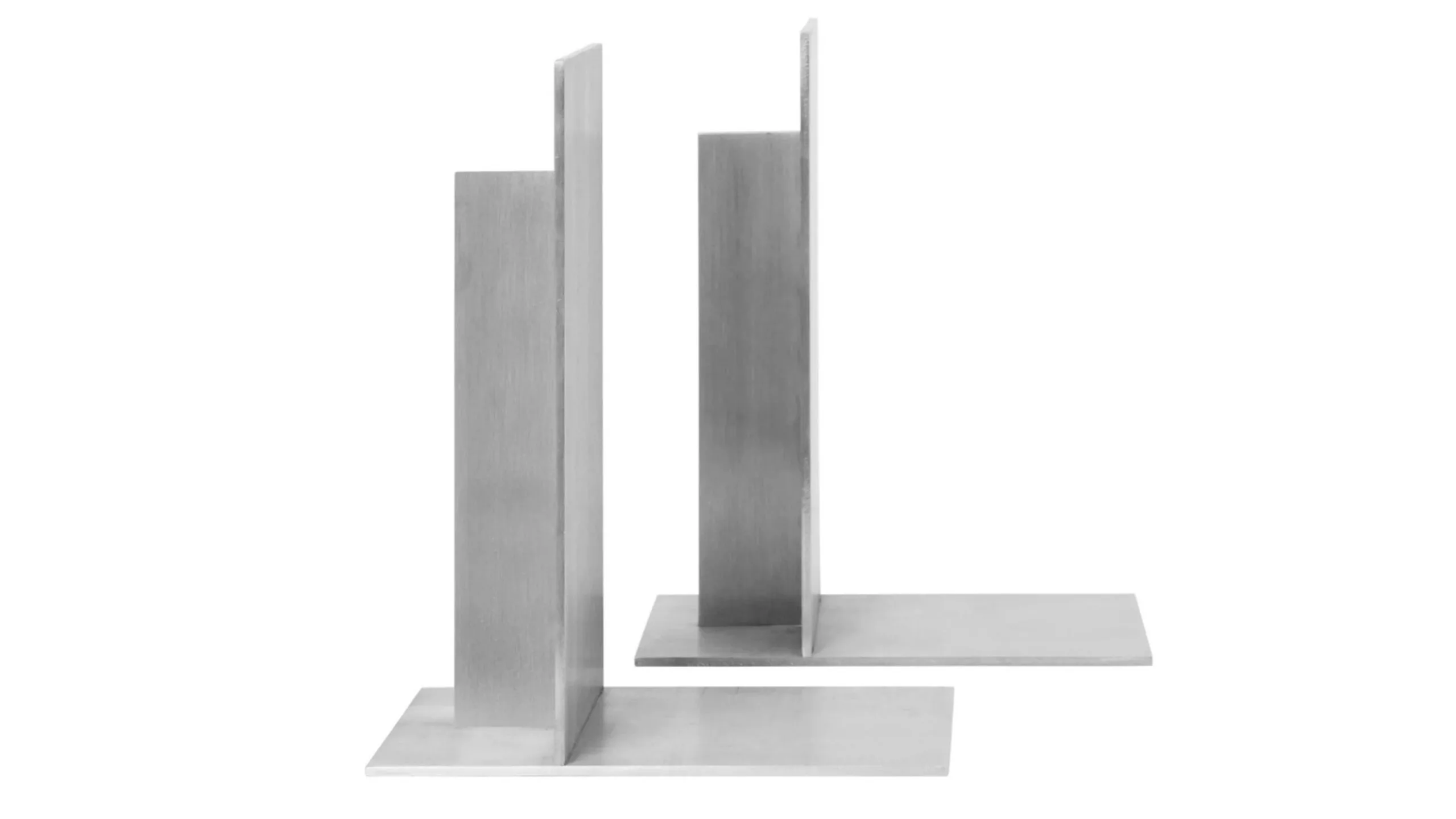 Two silver bookends that are L-shaped.