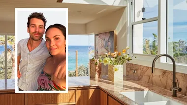 Matty J and Laura (inset) of the kitchen with a view of the coast at their Chante Mer house on Airbnb