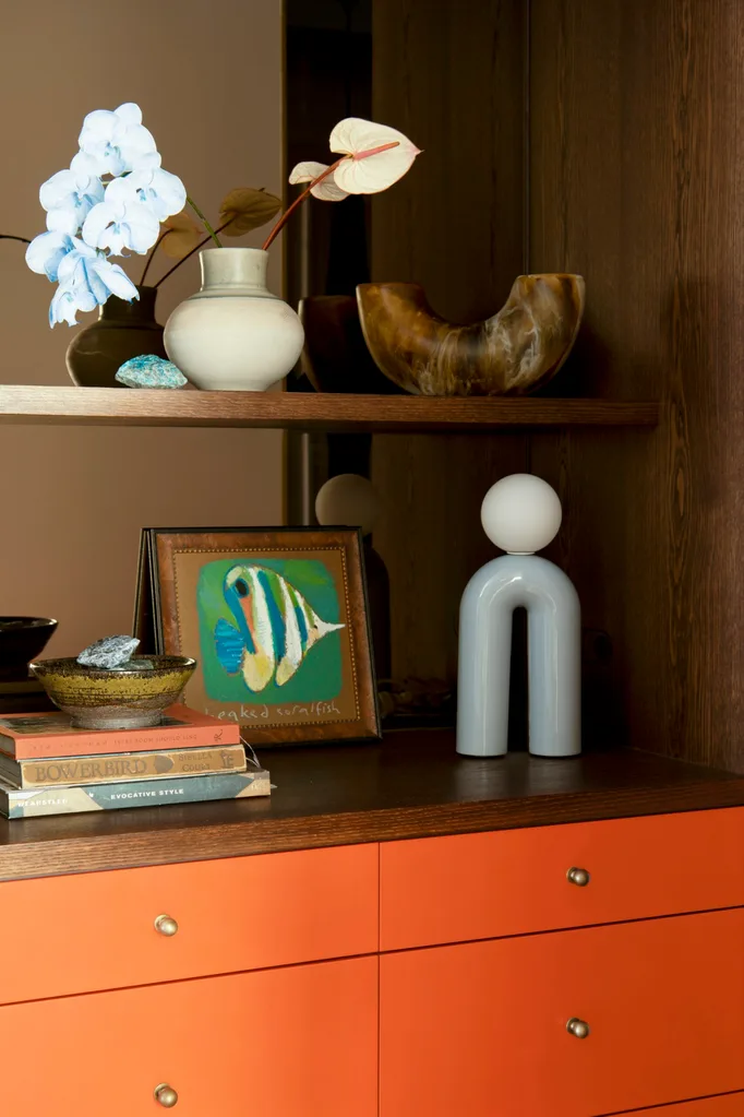 Carlene Duffy Gold Coast apartment Surf Shack shelving orange dinosaur designs