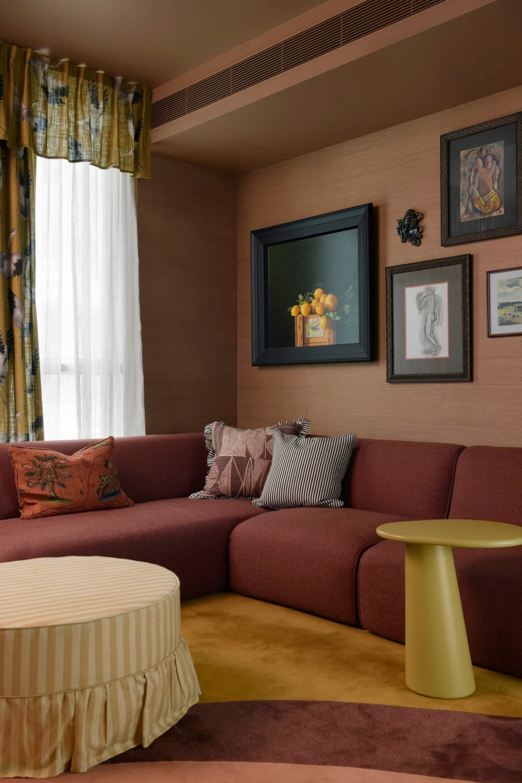 Carlene Duffy Gold Coast apartment Surf Shack living room red lounge couch media wall