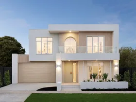 Modern two-story house with large windows, a light-colored facade, and a garage on the left side.
