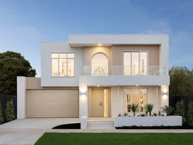 Modern two-story house with large windows, a light-colored facade, and a garage on the left side.